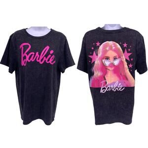 BARBIE Logo Screen Print Back Acid Wash Black T-Shirt Womens Size M